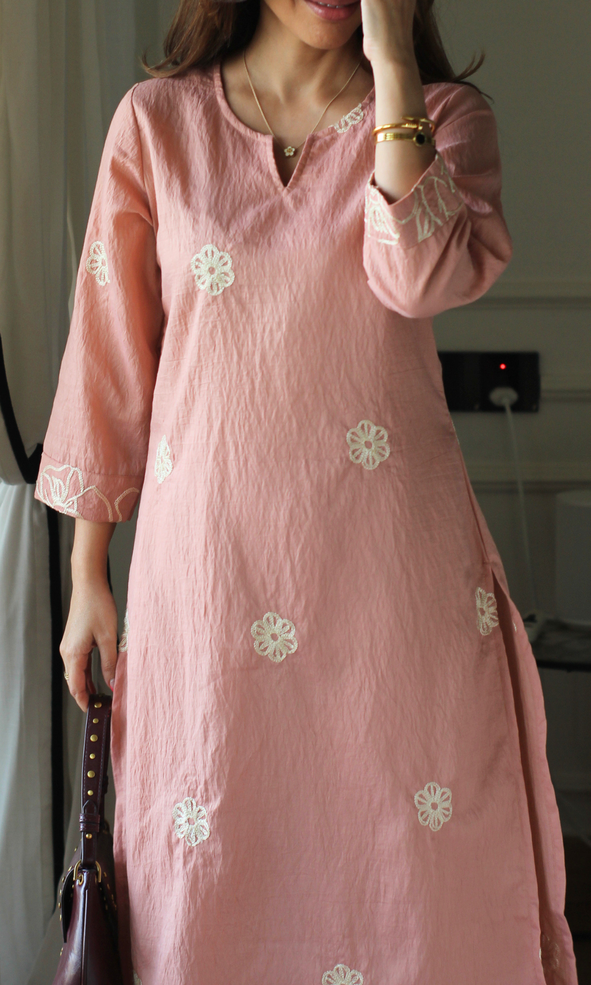 Peach Flower Embroidered Kurta & Pant