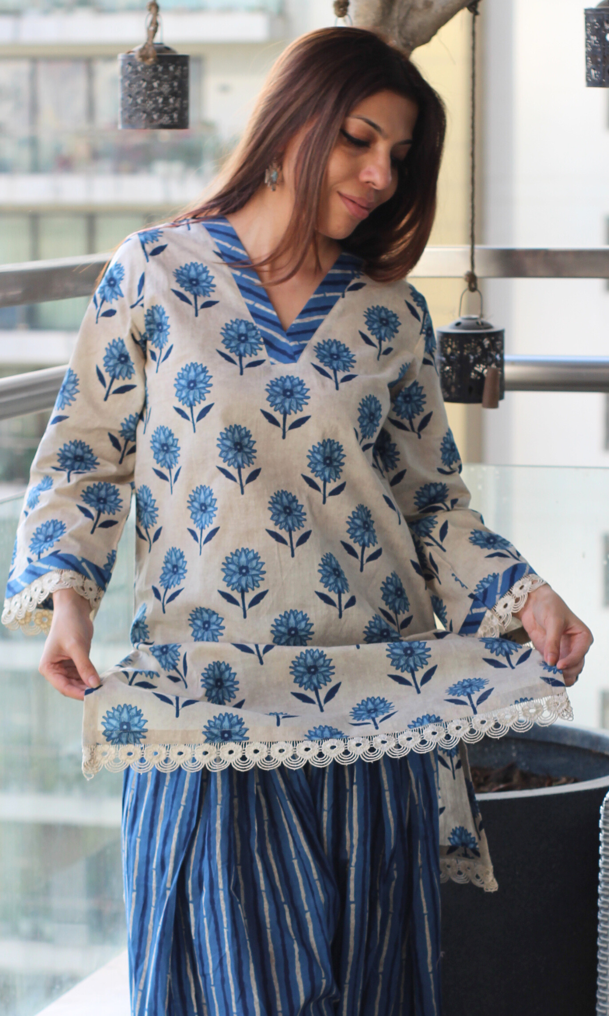 Earthy Indigo Floral Kurta with Lace Detailing & Farshi Salwaar