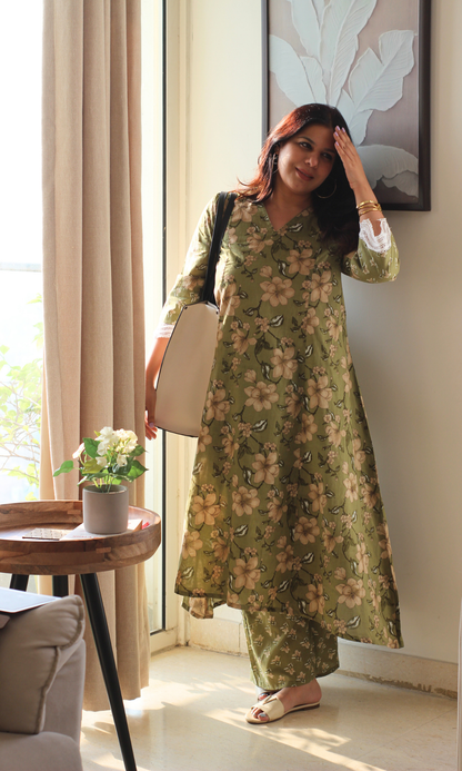 Olive Floral High Low Kurta with Palazzo