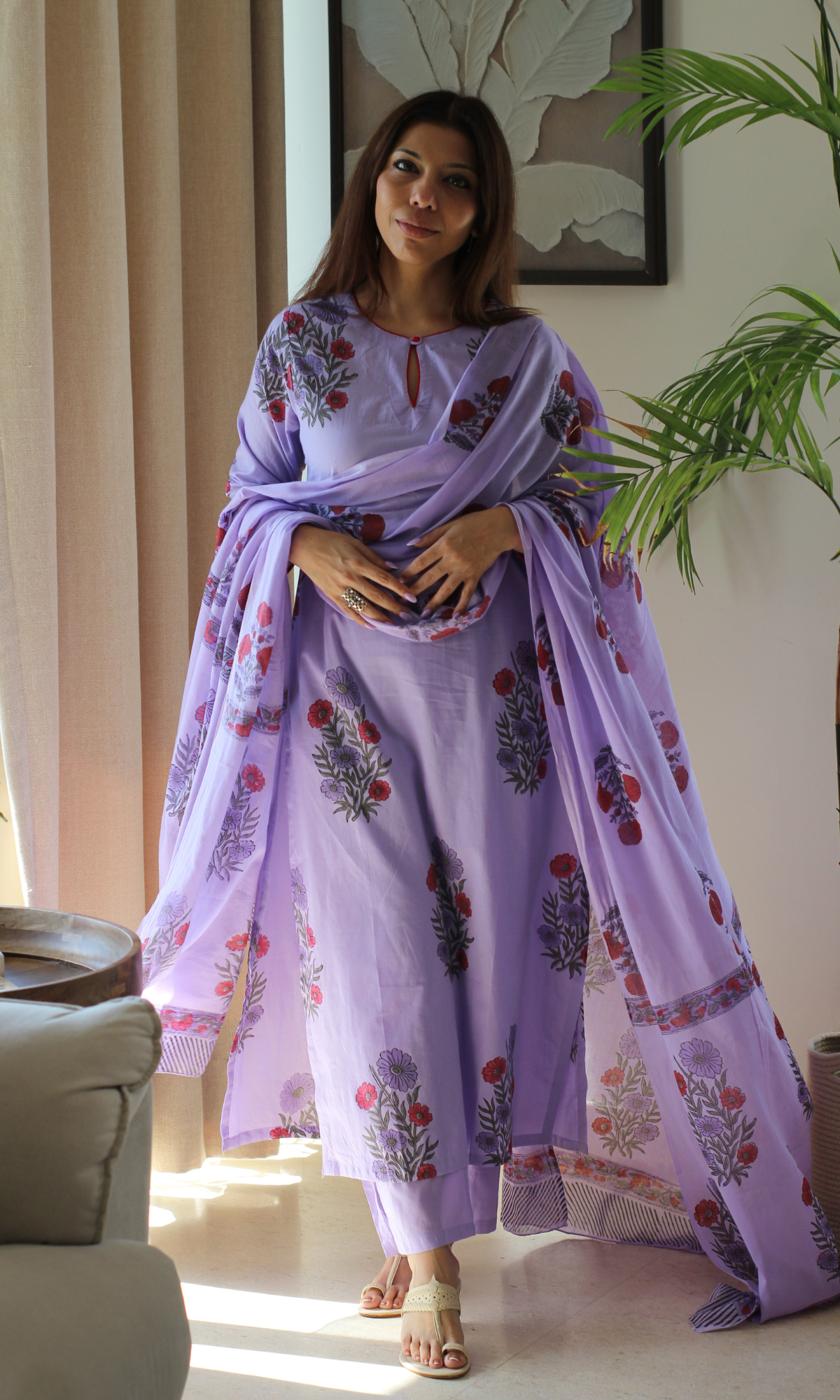 Lavender & Red Handblock Mughal Print Cotton Kurta, Dupatta & Cotton Pants