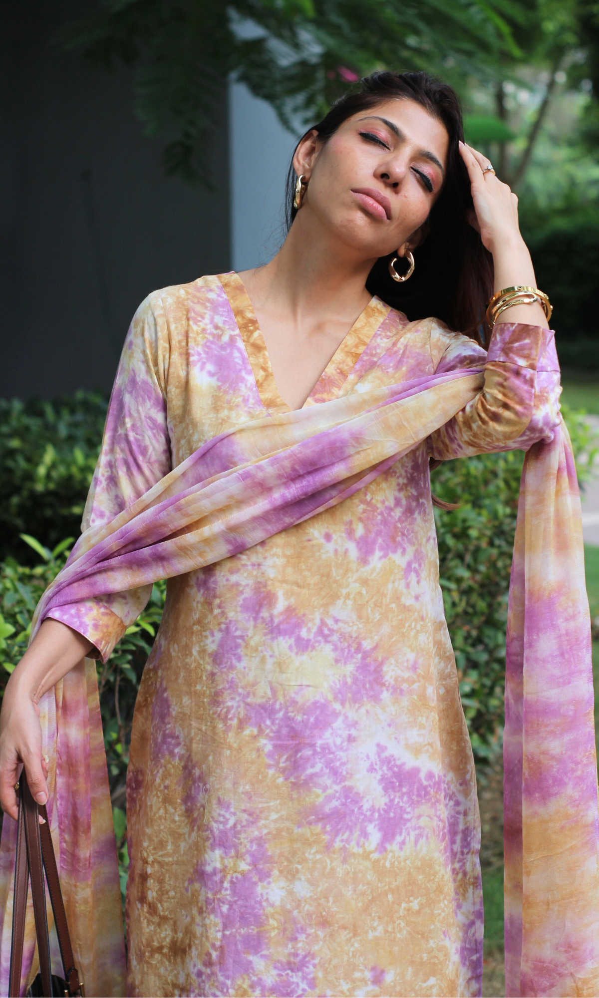 Cotton Lilac Haze African Shibori Kurta, Chiffon Dupatta & Cotton Pants