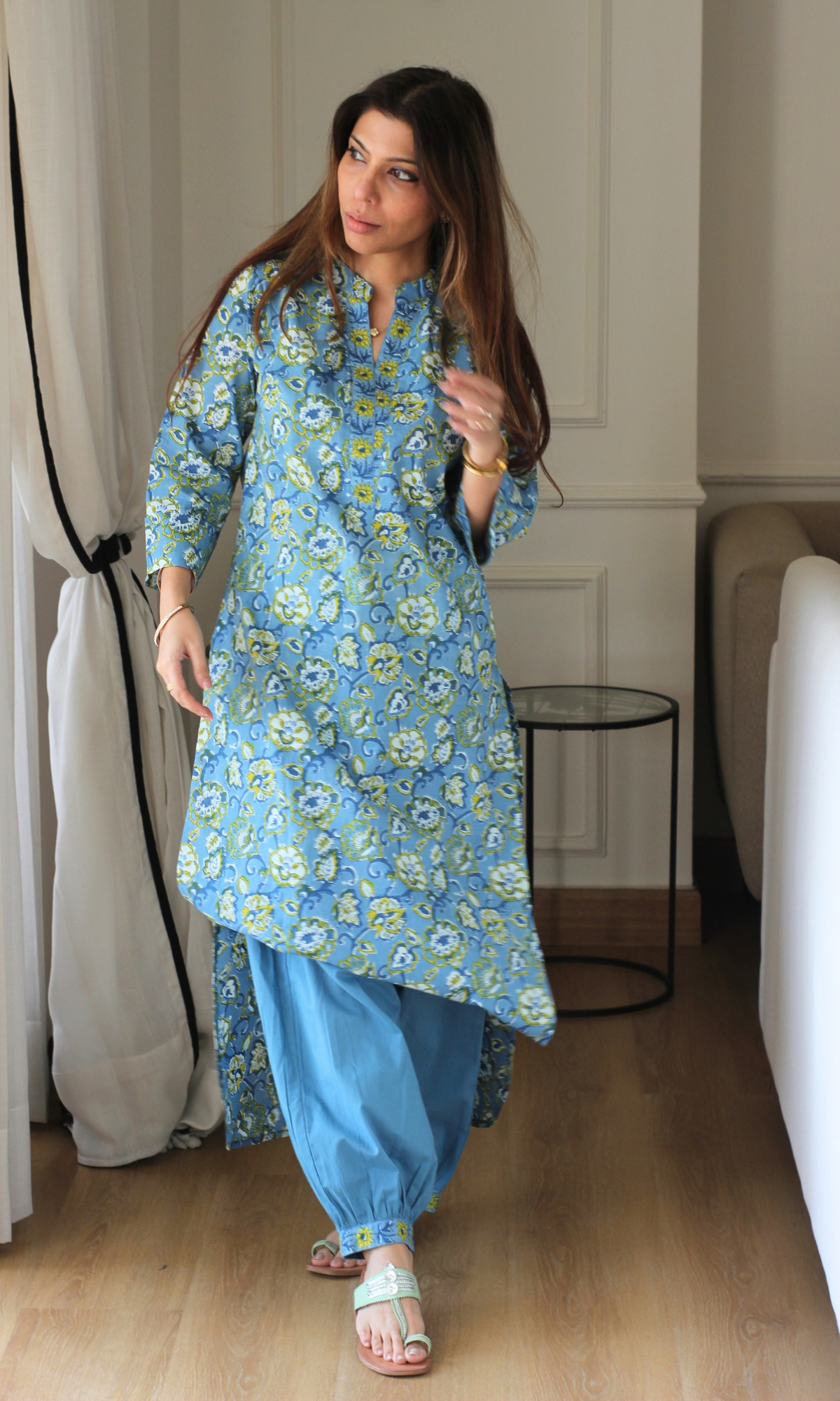 Sky Blue Cotton Floral Block Print Kurta & Pleated Pants