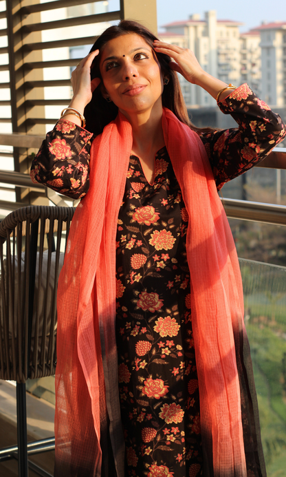 Dark Sunset Block Printed Cotton Kurta, Pant & Ombré Kota Doria Dupatta