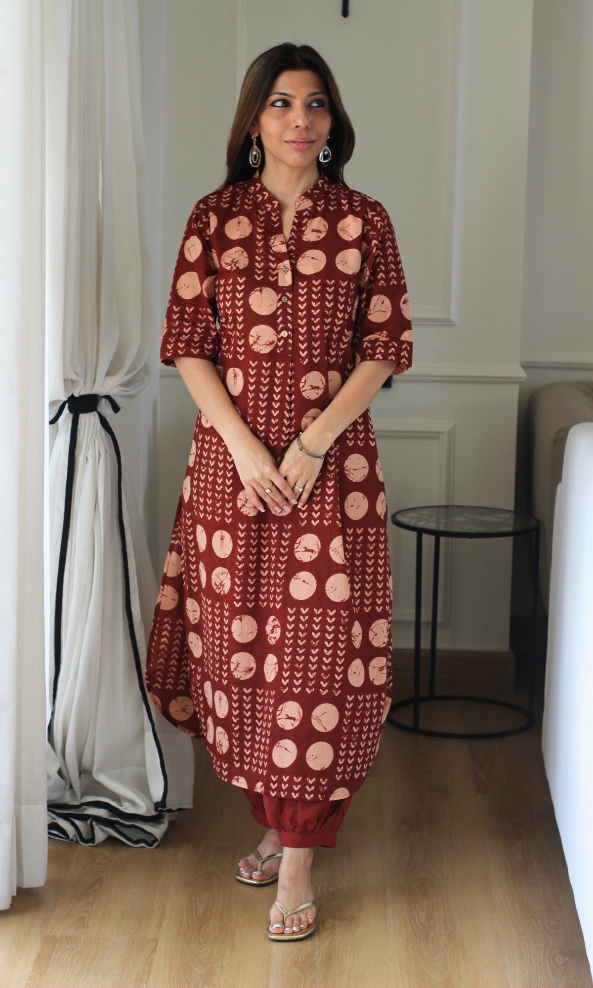 Earthy Red Dabu Print Kurta with Pleated Pants