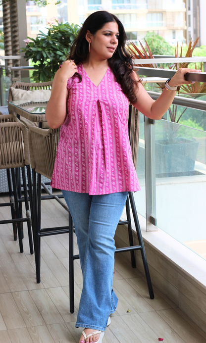 Pink Bagru Pleated Sleeveless Short Kurti
