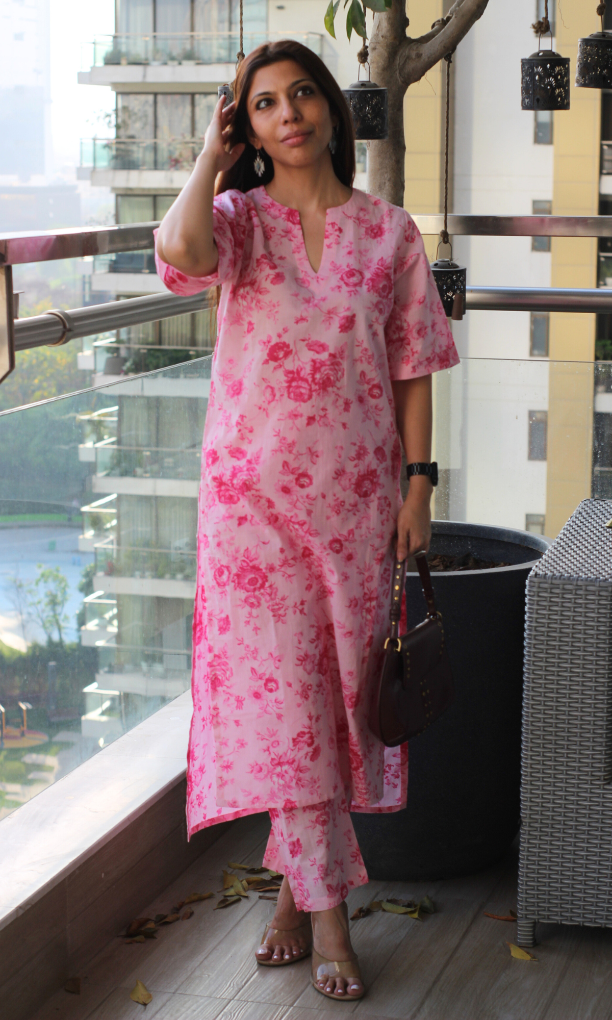 Soft Pink Floral Print Cotton Low High Style Co-ord