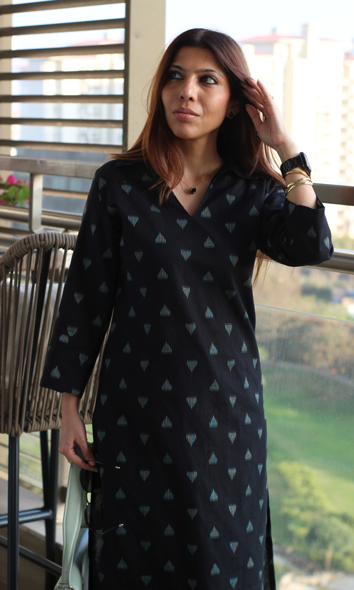 Cotton Ikat Black & Blue Triangle Collared Kurta & Pant