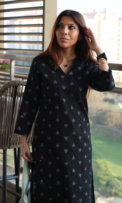 Cotton Ikat Black & Blue Triangle Collared Kurta & Pant