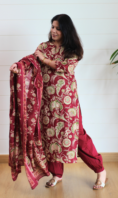 Ruhaani Ruby Block Printed Cotton Kurta, Dupatta & Afghani Style Pant