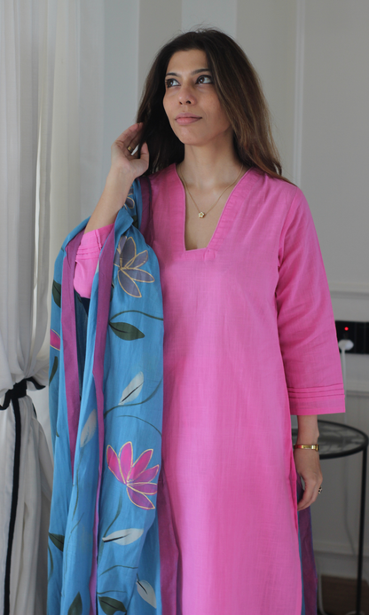 Pink Sorbet Cotton Slub Kurta, Pant with Handpainted Dupatta