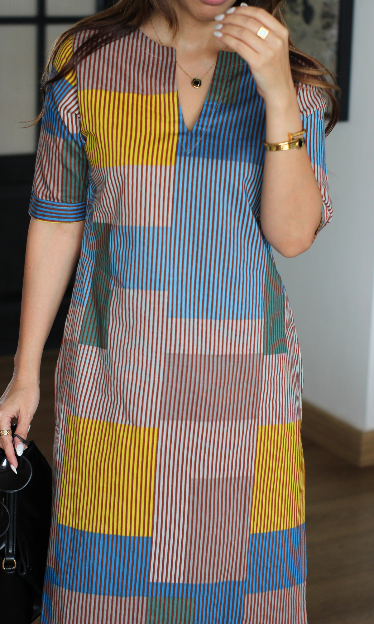 Blue & Mustard Blocks Printed High Low Kurta & Pants