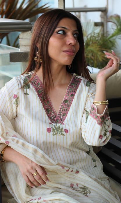 Tamanna Chanderi Silk Handblock Printed Kurta , Dupatta & Cotton Pants