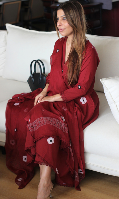 Florence Ruby A line Kurta with lace , Cotton Pants & Chiffon handpainted dupatta