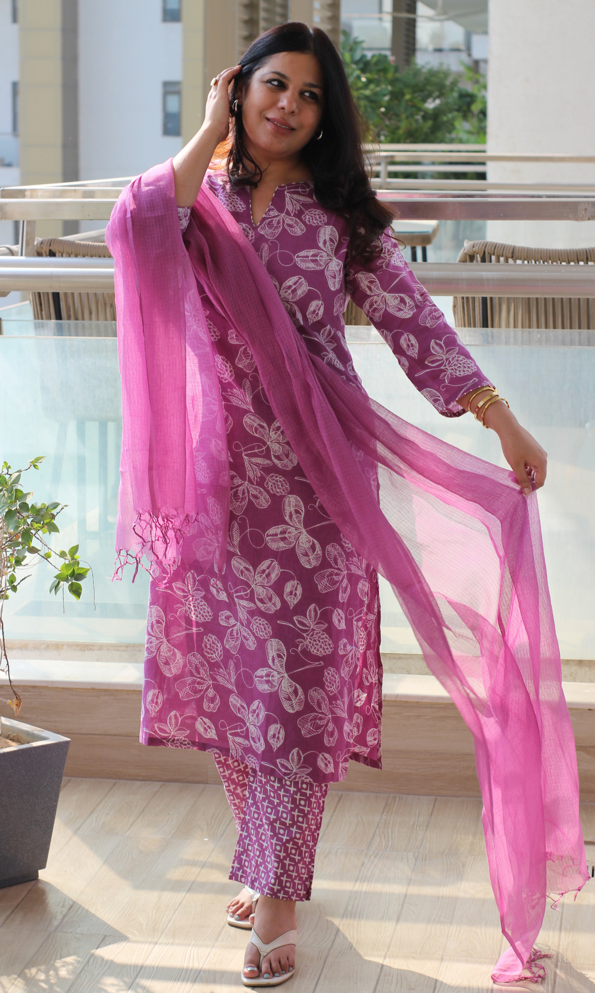 Cotton Mulberry Petal Print Kurta, Pant & Kota Doria Dupatta