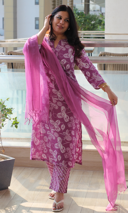 Cotton Mulberry Petal Print Kurta, Pant & Kota Doria Dupatta