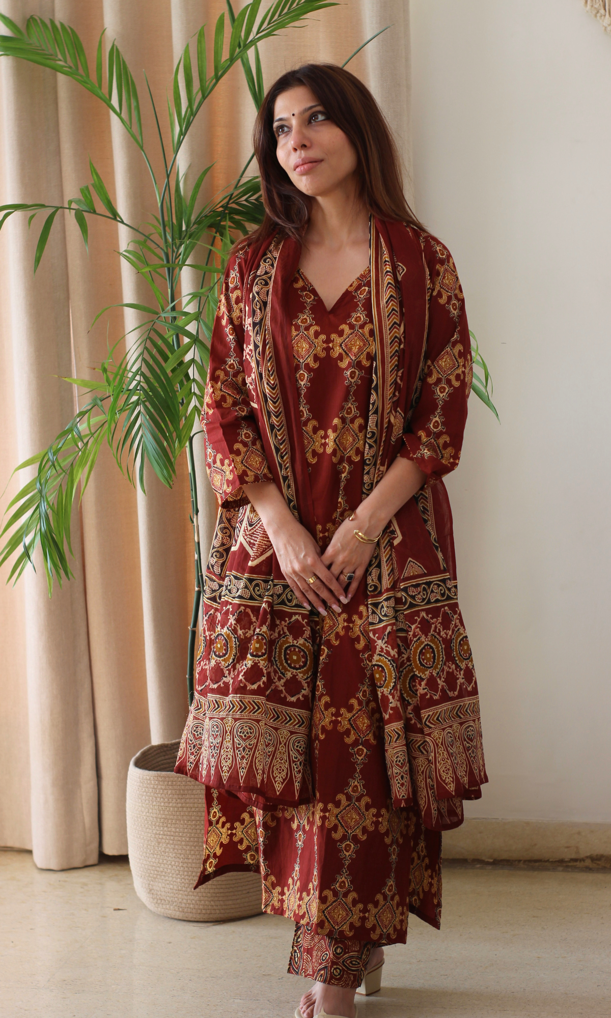 Cotton Red & Yellow Ajrakh Print Kurta, Pant & Printed dupatta