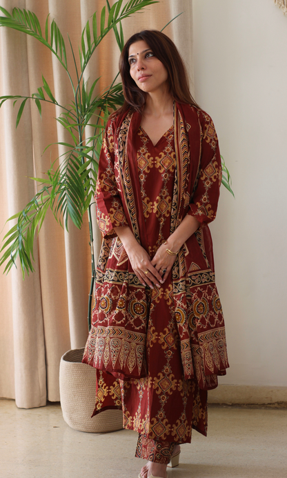 Cotton Red & Yellow Ajrakh Print Kurta, Pant & Printed dupatta