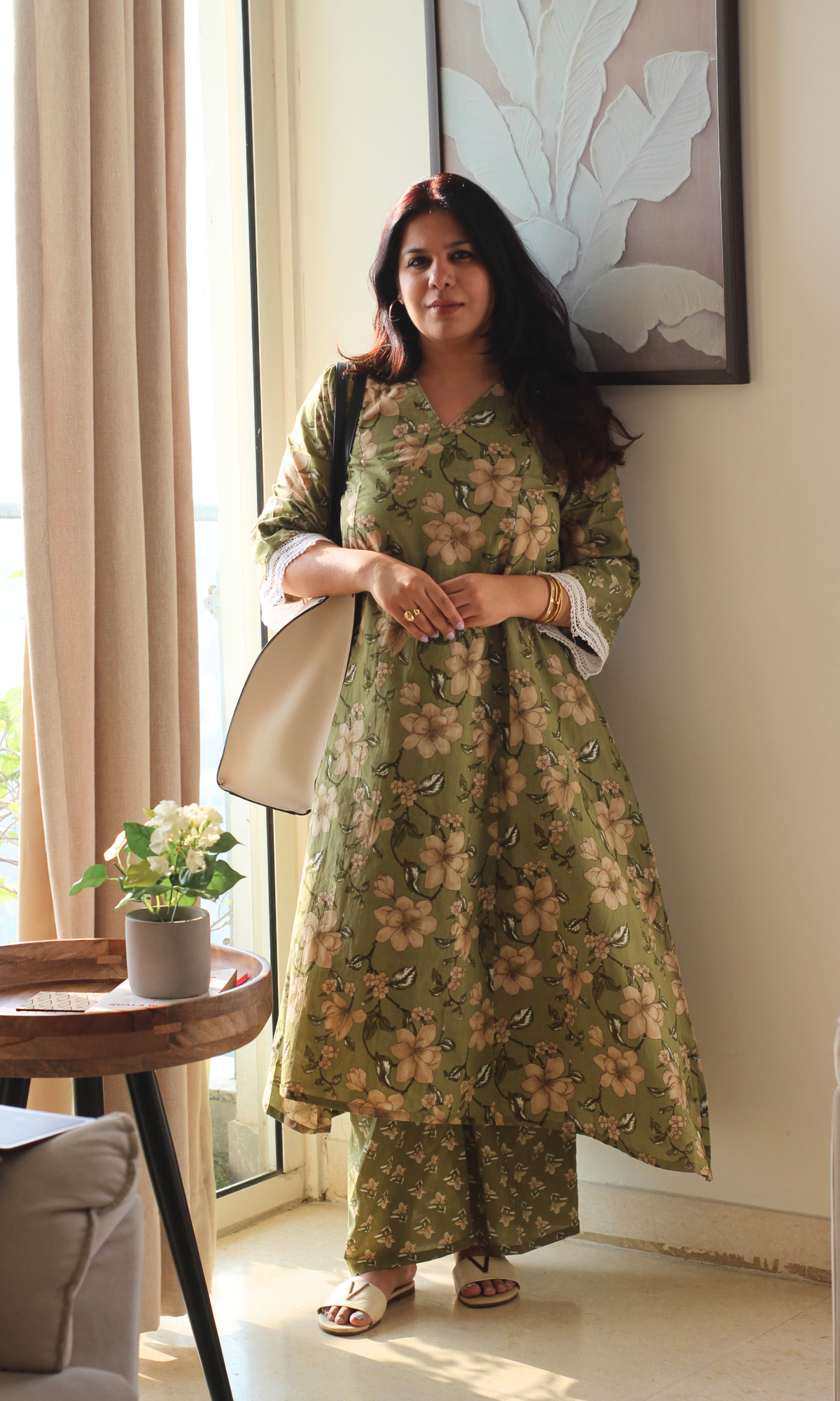 Olive Floral High Low Kurta with Palazzo