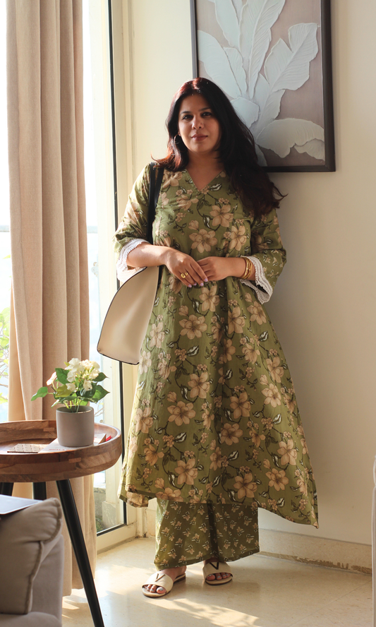 Olive Floral High Low Kurta with Palazzo