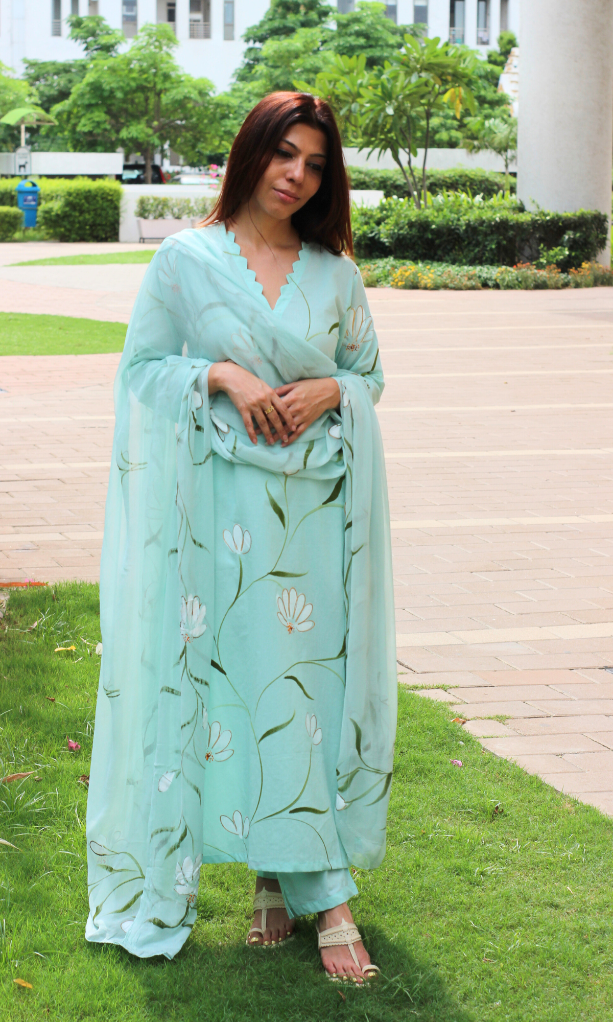 Dew Mint Handbrush Painted Kurta, Pant & Chiffon Handpainted Dupatta