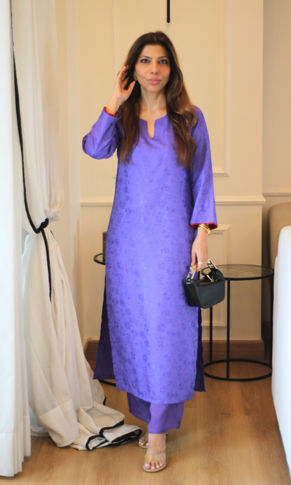 Purple Jaquard Silk Kurta with Santoon Pants