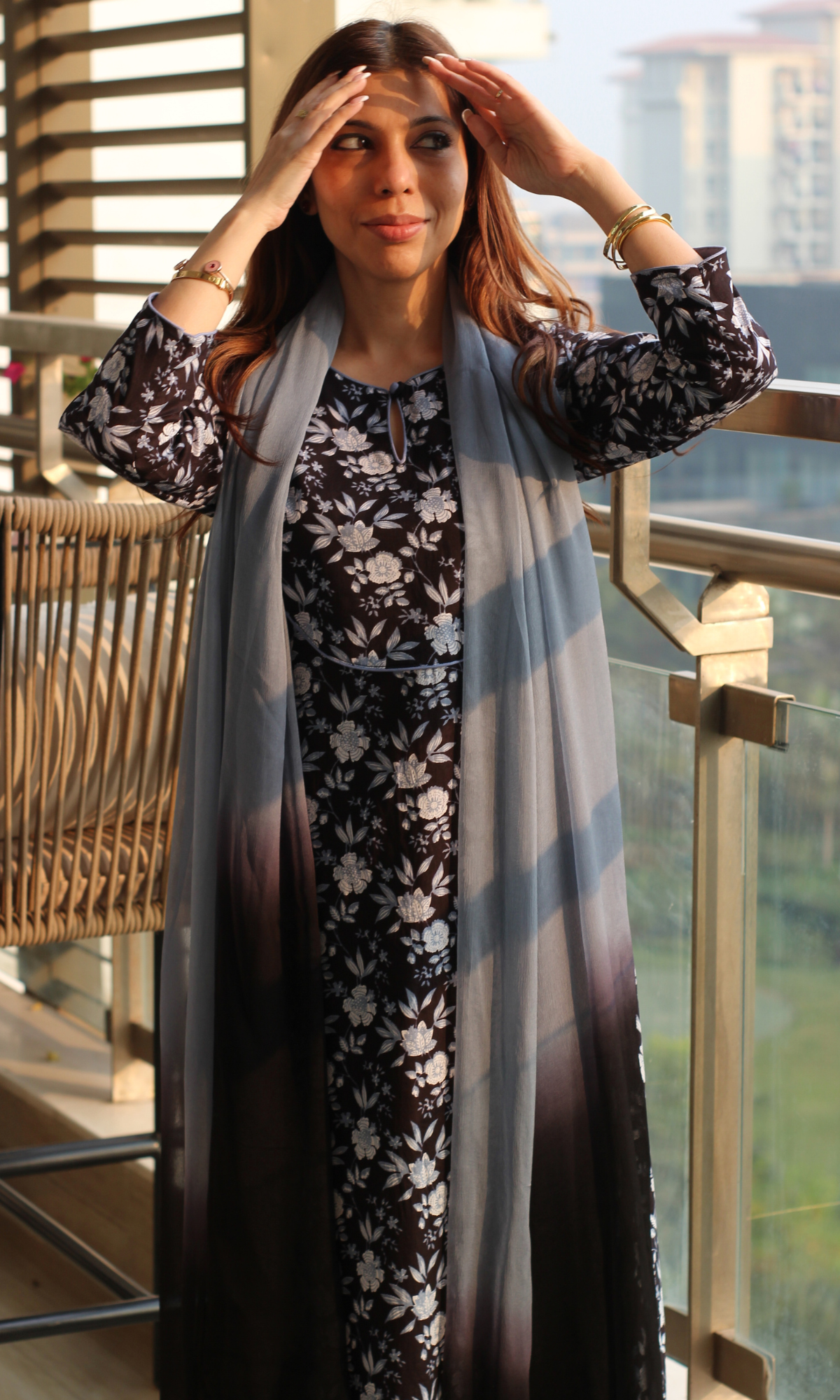 Midnight Smoke Flora Cotton Kurta , Pant & Ombré Chiffon Dupatta