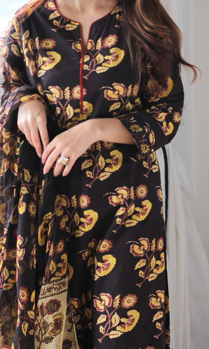 Mumtaaz Brown Block Print Kurta, Cotton Pant & Kota Doria Block Printed Dupatta