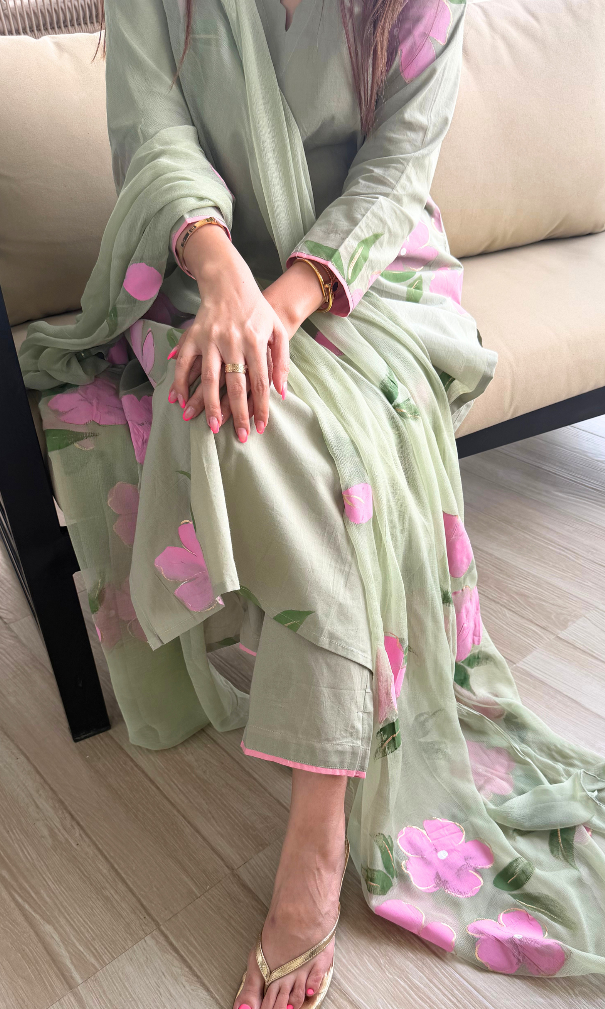 Sage & Pink Cotton Handpainted Kurta, Pant & Chiffon Handpainted Dupatta
