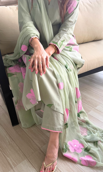 Sage & Pink Cotton Handpainted Kurta, Pant & Chiffon Handpainted Dupatta