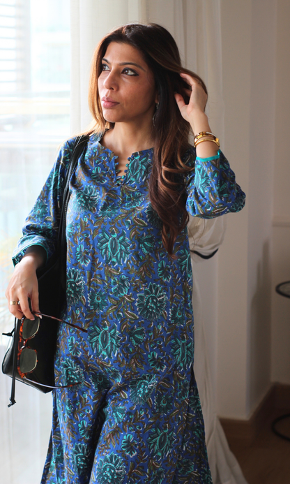 Noor Blue Block Printed Kurta & Cotton Pants