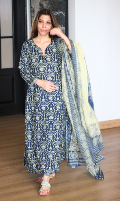 Deep Blue Cotton Jall Print Kurta, Afghani pant & Cotton Printed Dupatta