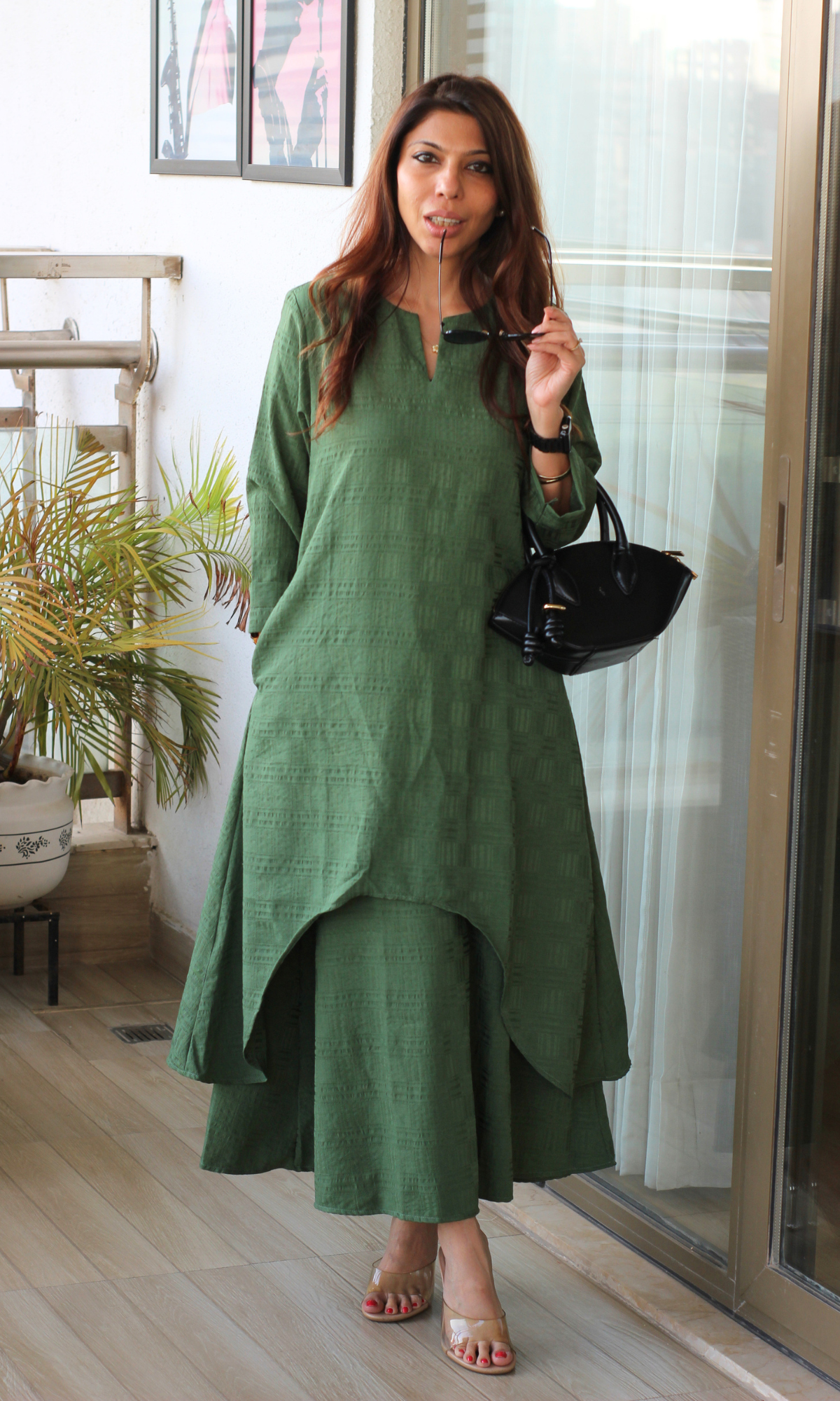 Green Fern Textured Slip Dress with Kurta Green Fern Textured Slip Dress with Kurta