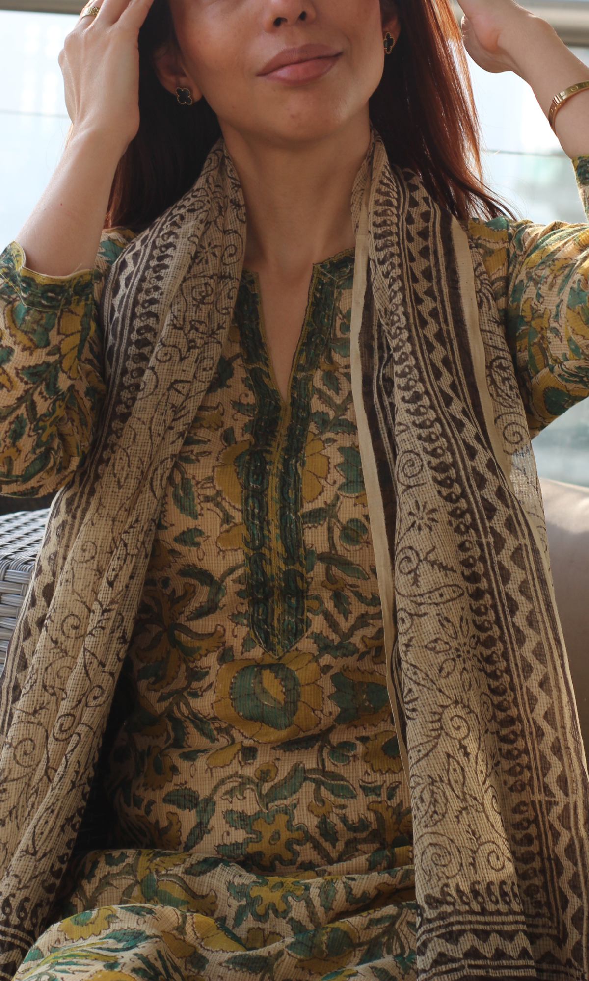 Kota Doria Beige & Yellow Kalamkari Handblock Print Kurta and Dupatta with Cotton Pants