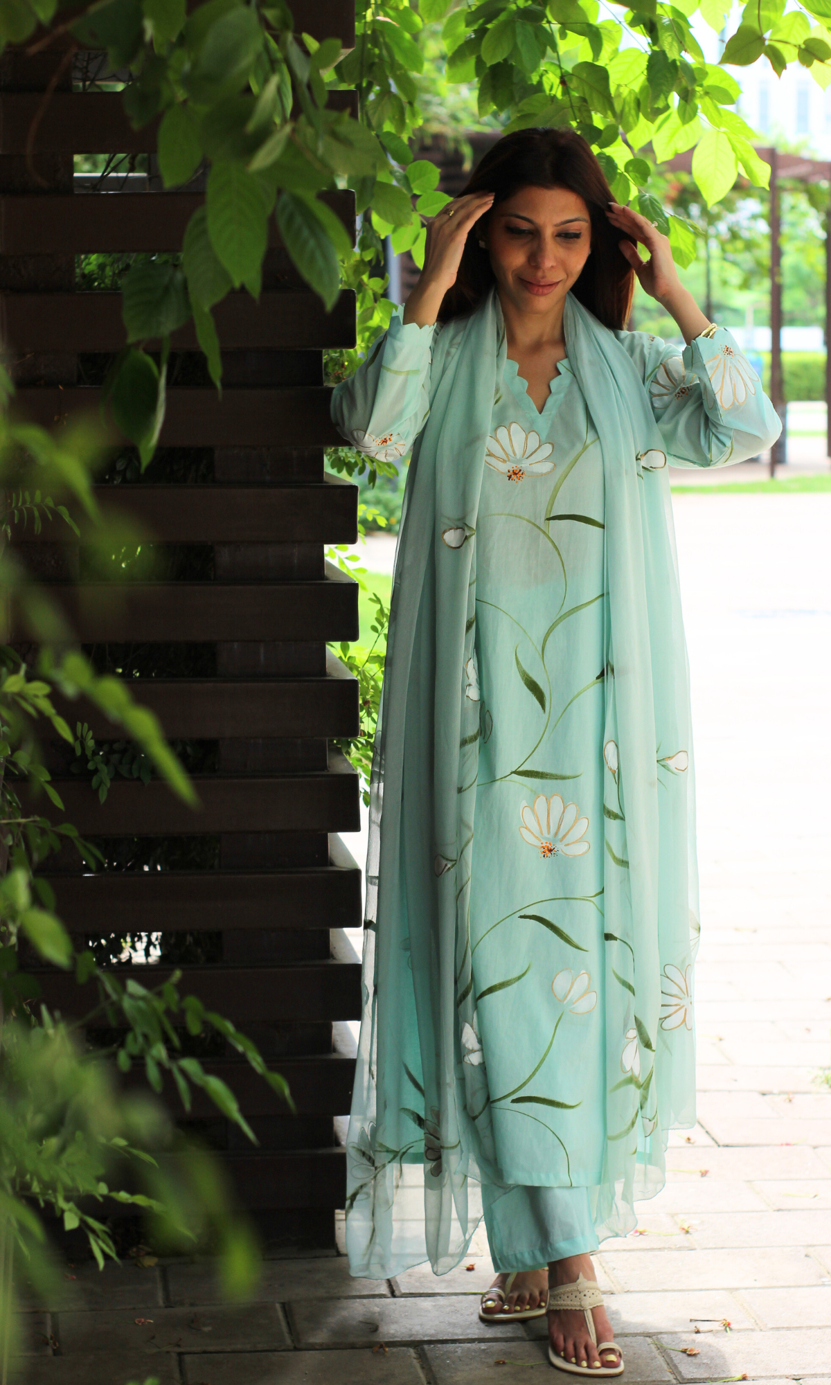 Dew Mint Handbrush Painted Kurta, Pant & Chiffon Handpainted Dupatta