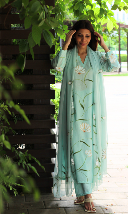Dew Mint Handbrush Painted Kurta, Pant & Chiffon Handpainted Dupatta