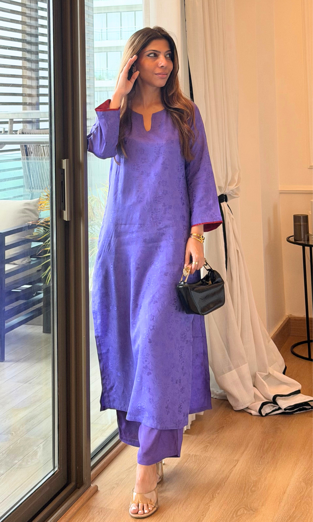 Purple Jaquard Silk Kurta with Santoon Pants