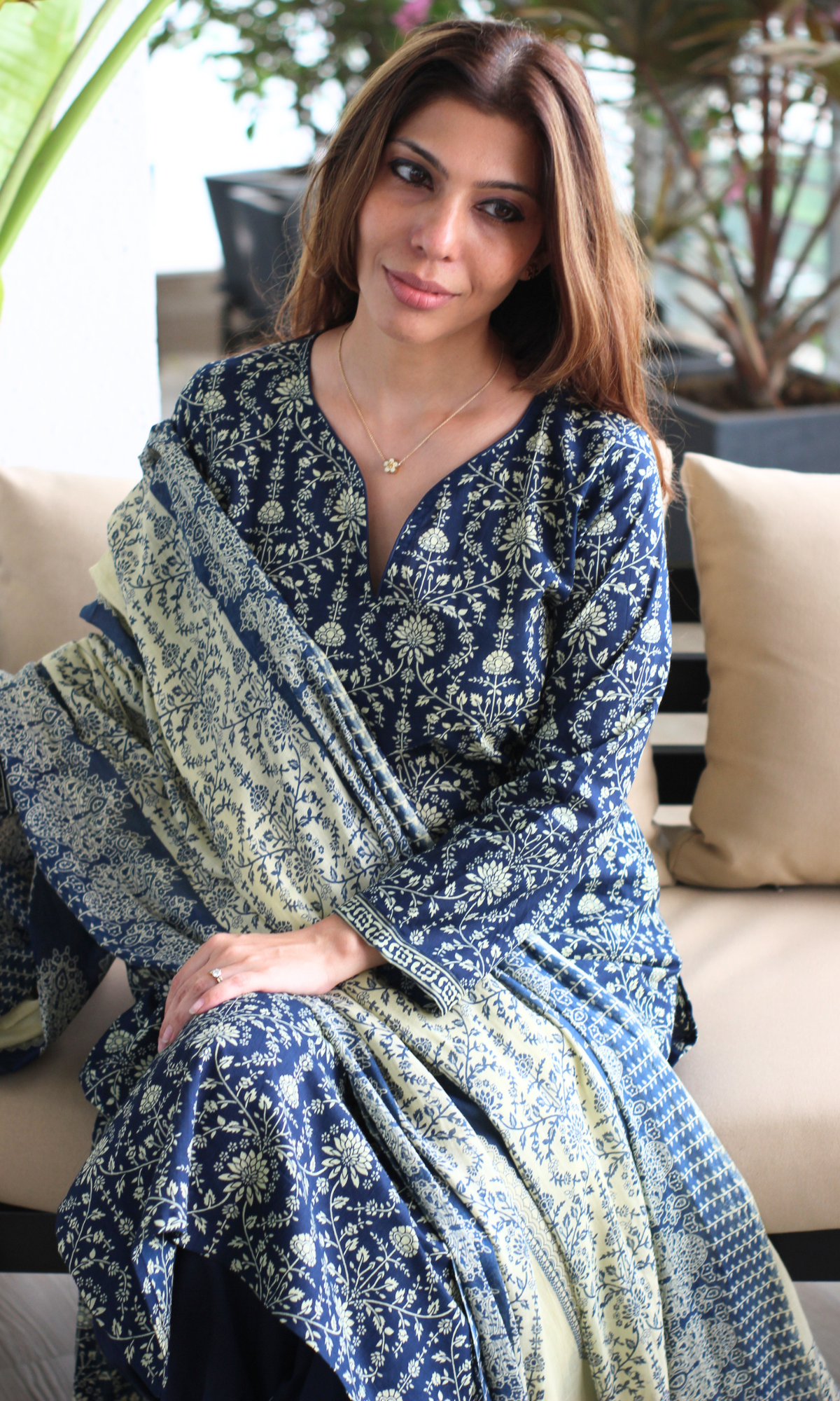 Deep Blue Cotton Jall Print Kurta, Afghani pant & Cotton Printed Dupatta