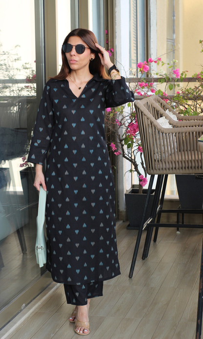 Cotton Ikat Black & Blue Triangle Collared Kurta & Pant