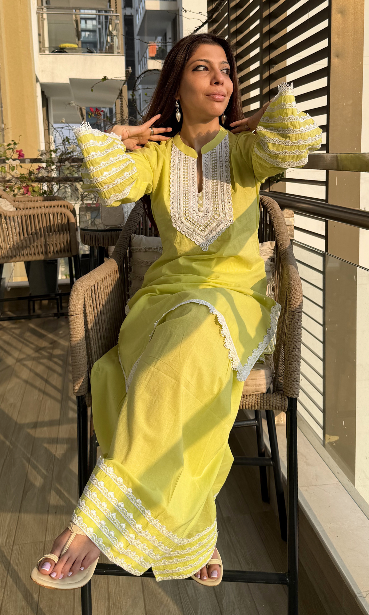 Lime Afreen Thread Lace Work Cotton Kurta & Farshi Salwaar