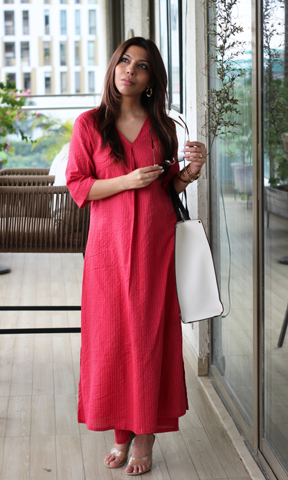 Berry Cotton Kantha Pleated Kurta & Pant