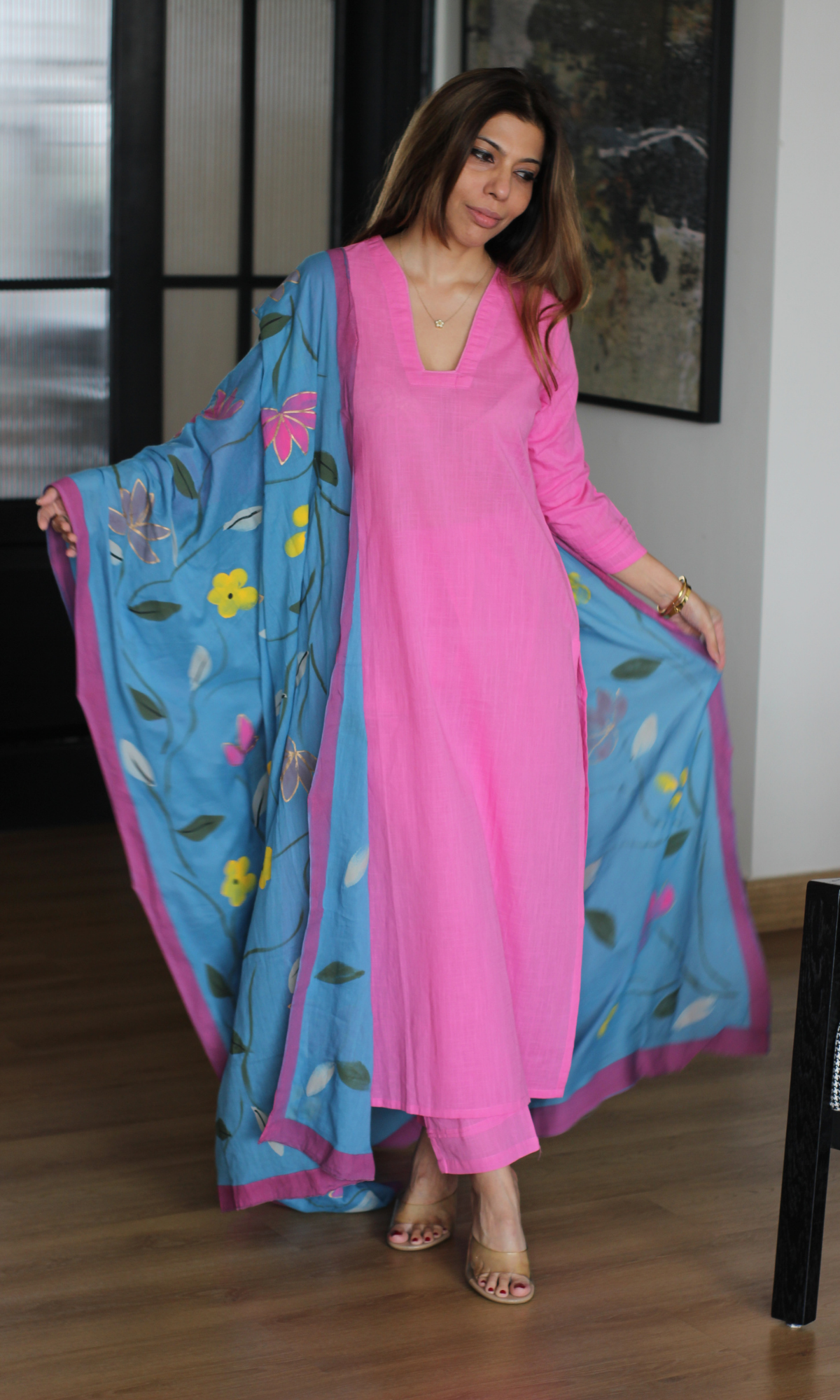 Pink Sorbet Cotton Slub Kurta, Pant with Handpainted Dupatta