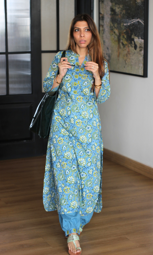 Sky Blue Cotton Floral Block Print Kurta & Pleated Pants