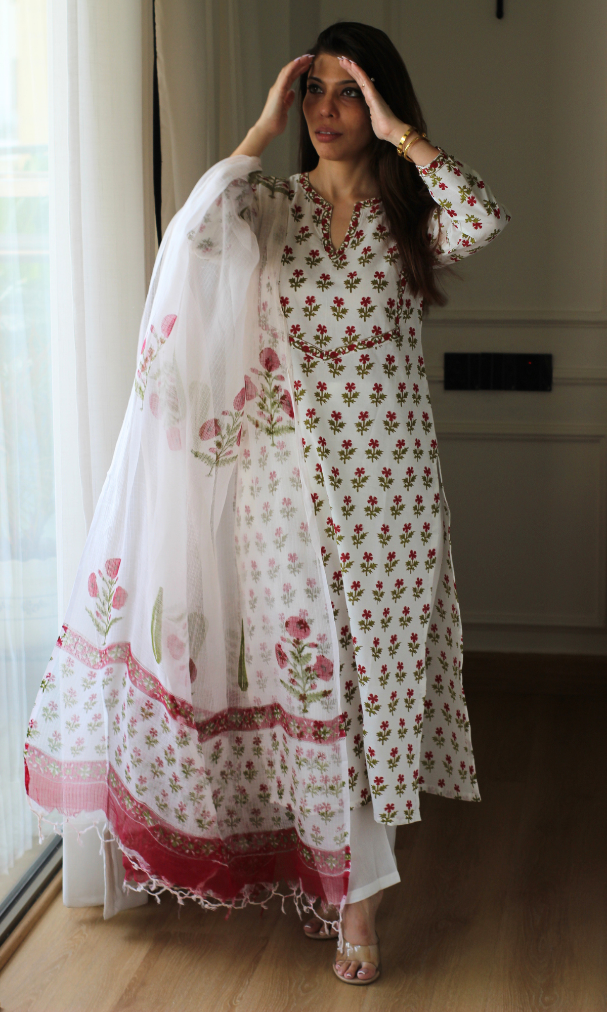 Cotton White & Red Flower Boota Print Kurta, Pants & Kota Doria Handblock Mughal Dupatta