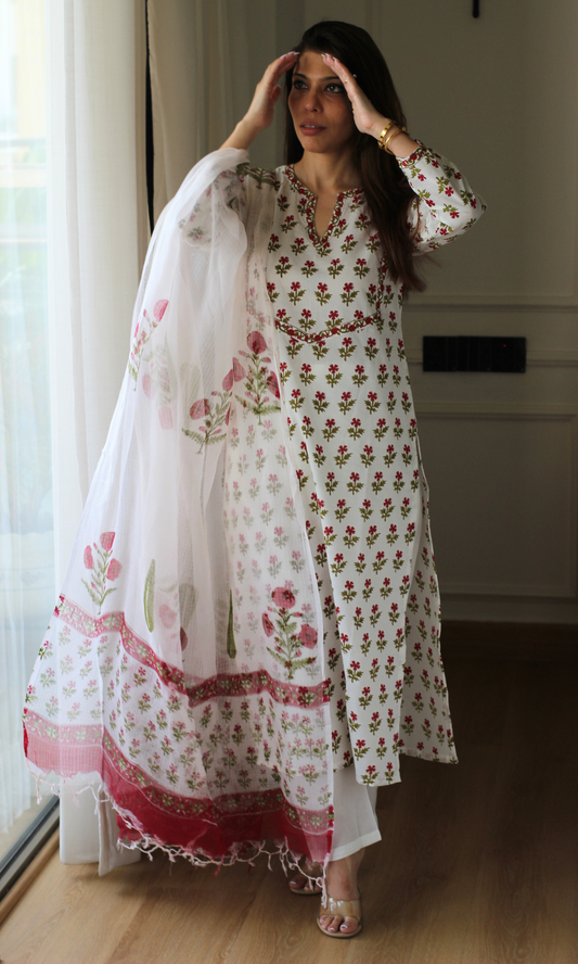 Cotton White & Red Flower Boota Print Kurta, Pants & Kota Doria Handblock Mughal Dupatta
