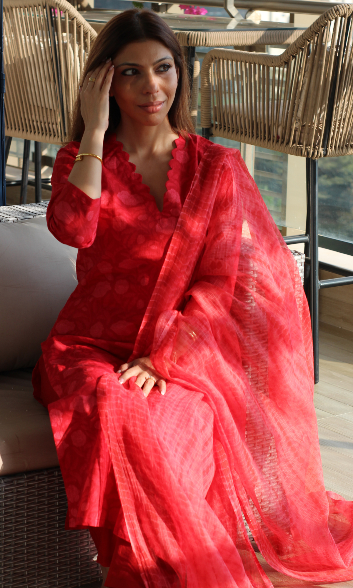 Red Romance Dabu Texture Cotton Kurta, Pant & Kota Doria Shibori Dupatta