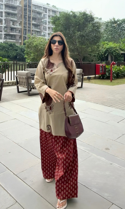Beige & Rama Booto Kurta with Ajrakh print Farshi Salwaar