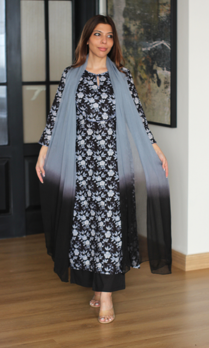 Midnight Smoke Flora Cotton Kurta , Pant & Ombré Chiffon Dupatta