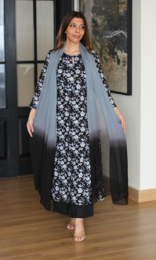 Midnight Smoke Flora Cotton Kurta , Pant & Ombré Chiffon Dupatta