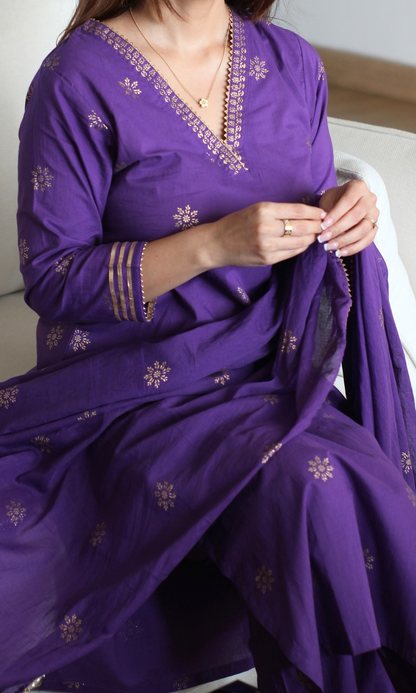 Purple & Gold Star Block print Kurta, Cotton Pants & Cotton Printed Dupatta