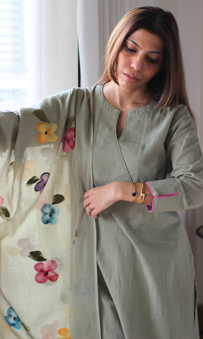 Soft Olive Garden Slub Kurta, Pant with Cotton Handbrush Painted Dupatta